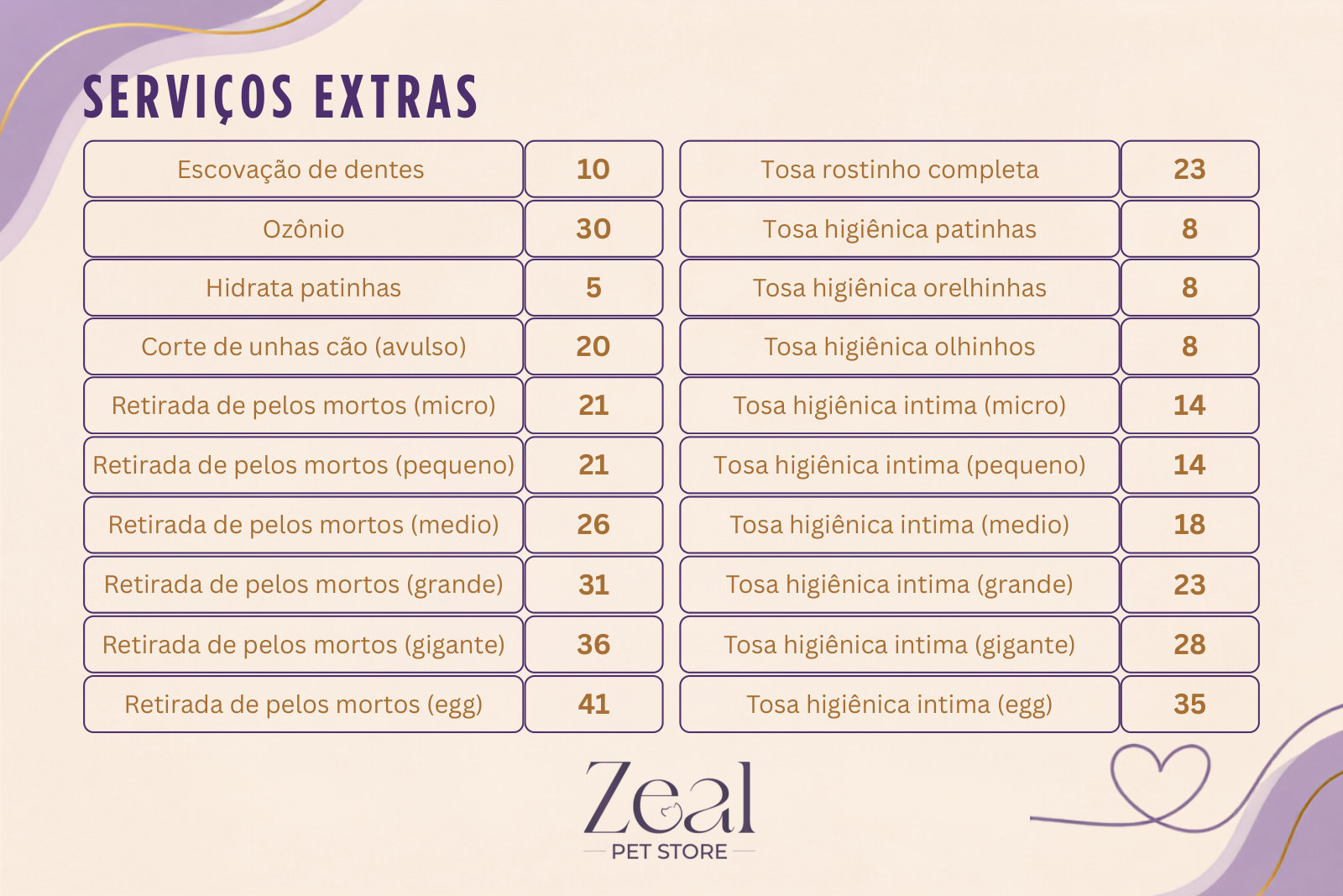 Serviços extras: escovação, ozônio, hidratação e tosas higiênicas