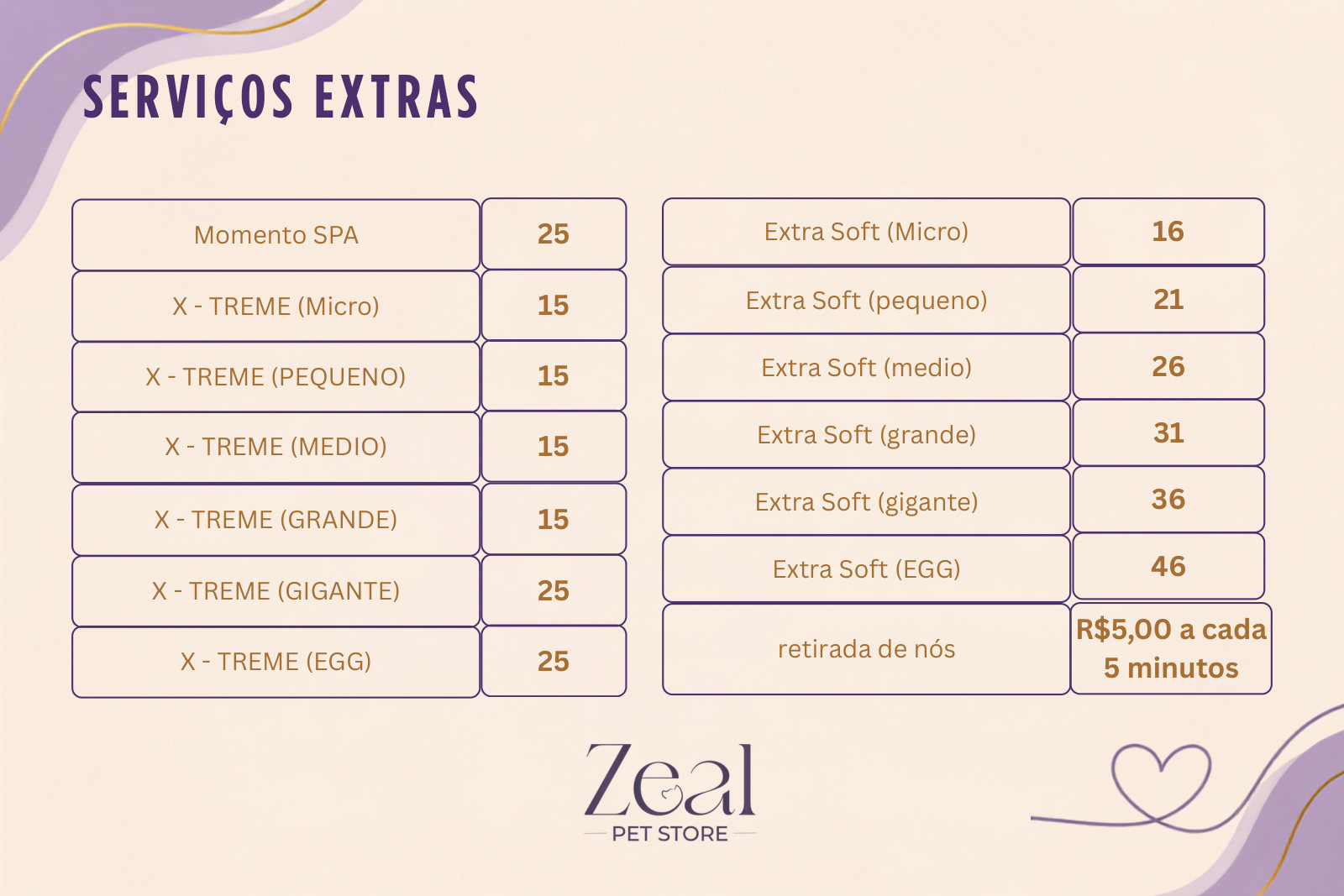 Serviços extras: Momento SPA, X-Treme e Extra Soft