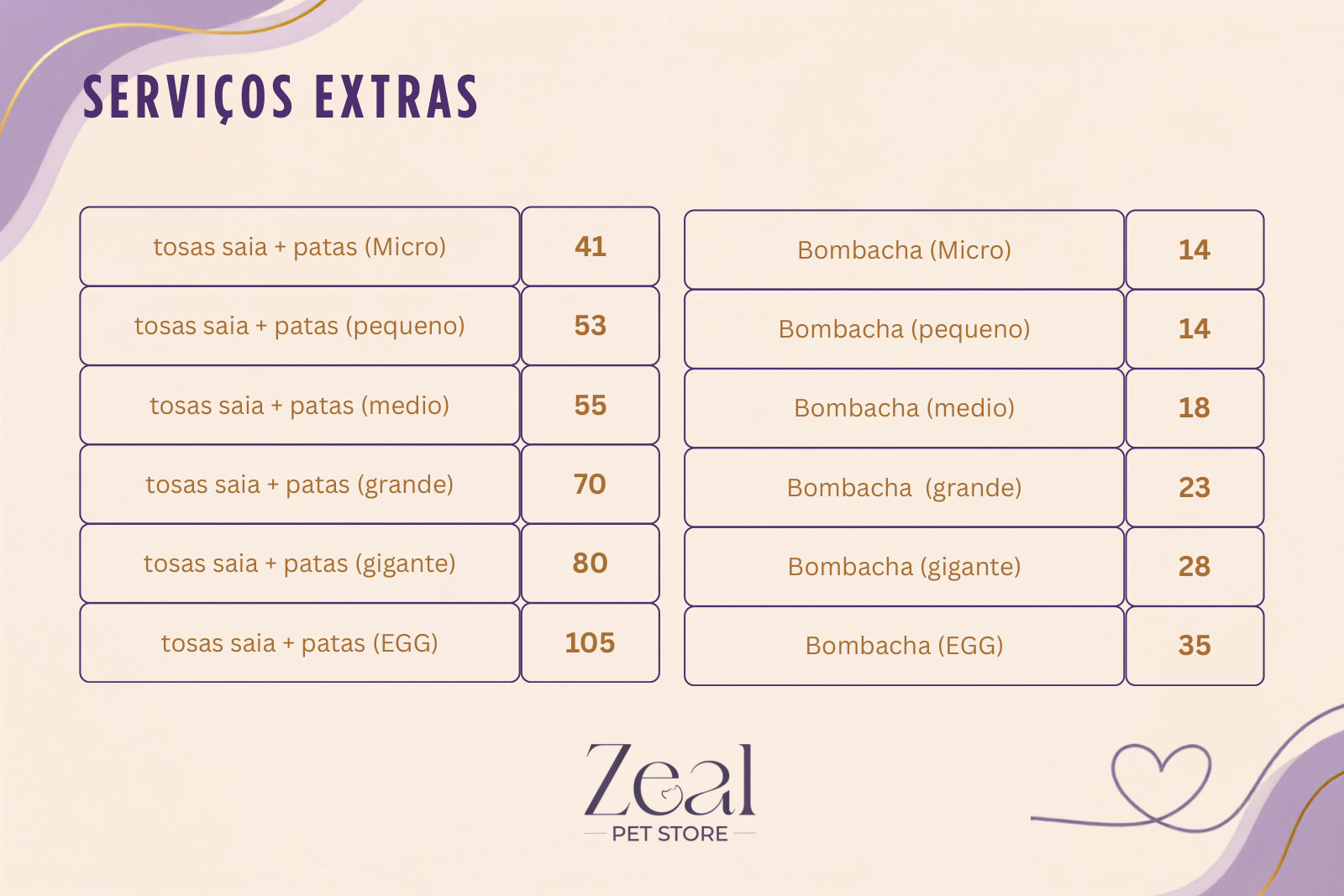 Serviços extras: tosas saia e bombacha