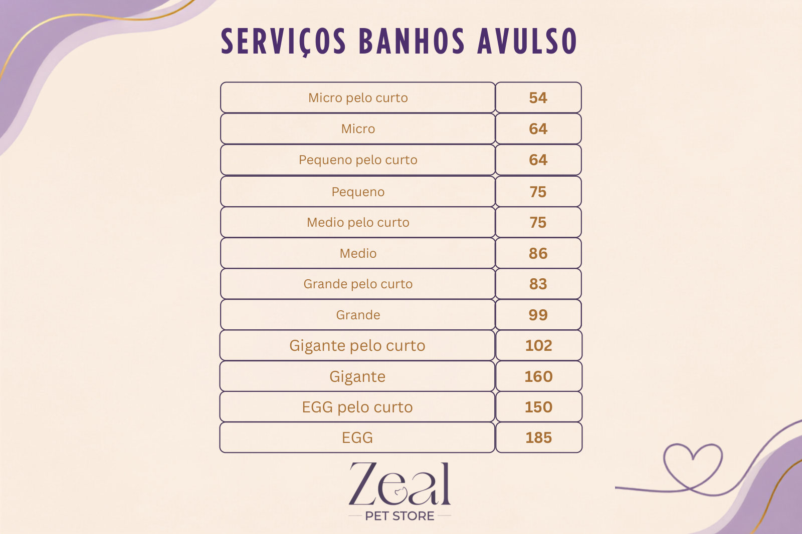 Tabela de valores para banhos avulsos